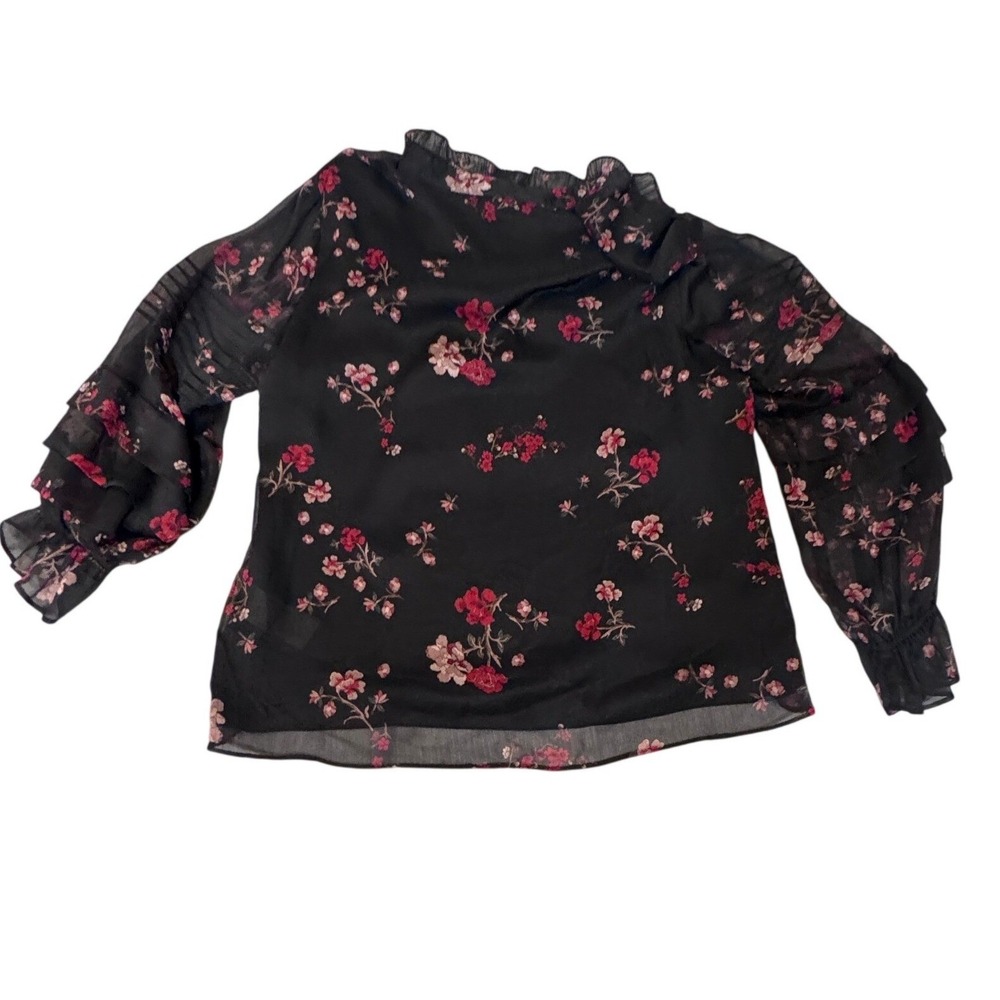Lauren Ralph Lauren Floral Tie Neck‎ Blouse Black Red Sheer Sleeve XL READ - Picture 2 of 6
